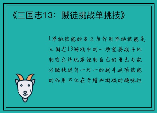 《三国志13：贼徒挑战单挑技》