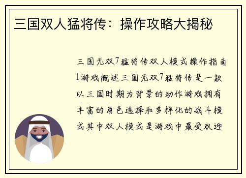 三国双人猛将传：操作攻略大揭秘