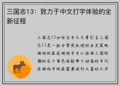 三国志13：致力于中文打字体验的全新征程