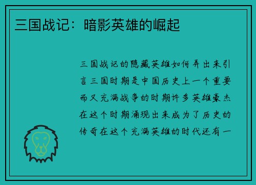 三国战记：暗影英雄的崛起
